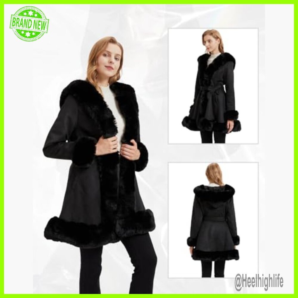 Slim Fit Faux Fur Collar Trench Coat with Belt, Long Sleeve Winter Parka - Picture 3 of 6